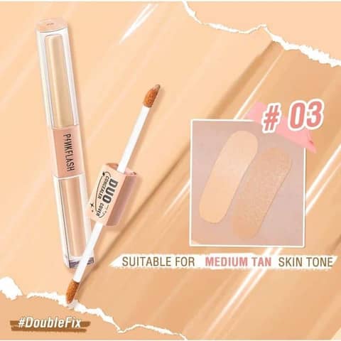 Pink Flash Duo Cover Concealer 2 in 1 F18-03, sleek peachy tube with black cap, front view.