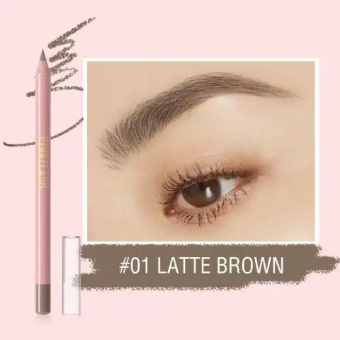 Pink Flash 01 Latte Brown eyebrow pencil, black barrel, angled with cap off, showing brown tip.