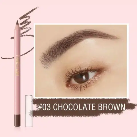 Pink Flash E02-03 Chocolate Brown eyebrow pencil displaying fine retractable tip and soft spoolie brush.
