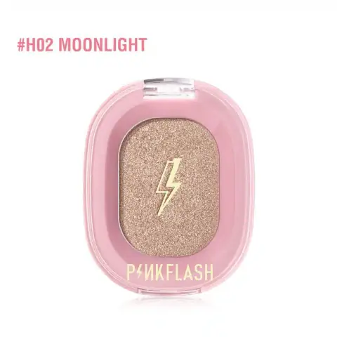 Pink Flash H02 face highlighter compact opened, revealing the shimmery, rosy-gold product inside.
