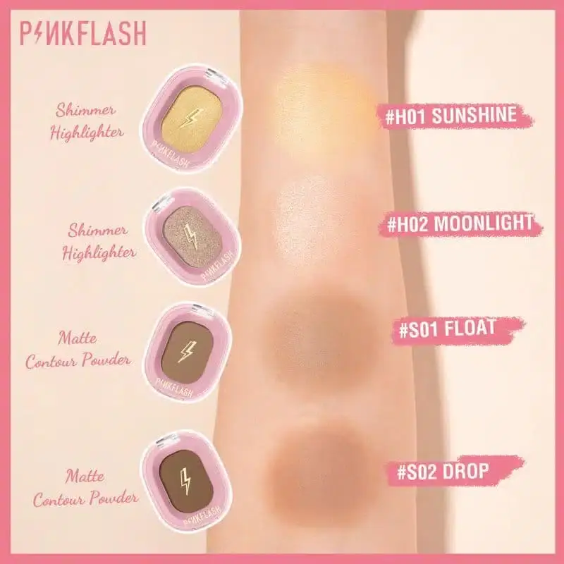 Close-up of the Pink Flash H02 highlighter pan, showing its intricate, shimmery, warm-toned texture. - thumbnail