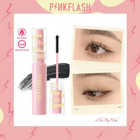 Pink Flash E10 Lengthening Waterproof Mascara in a sleek black tube, standing upright on white background.