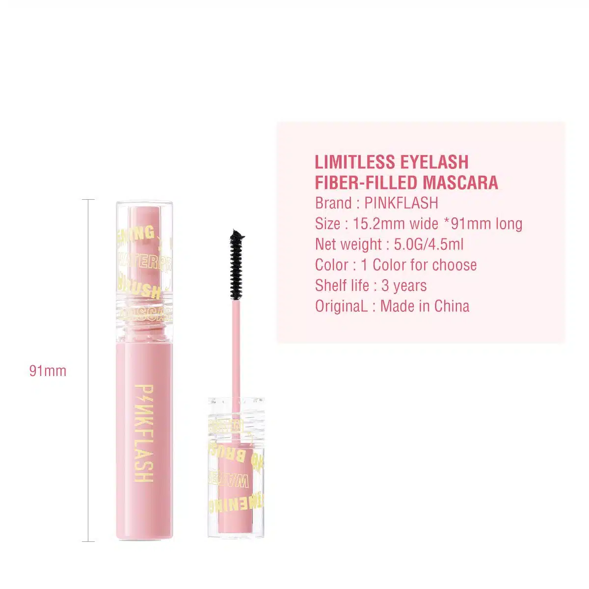 Pink Flash E10 Lengthening Mascara tube lying with its fine micro brush applicator clearly visible. - thumbnail
