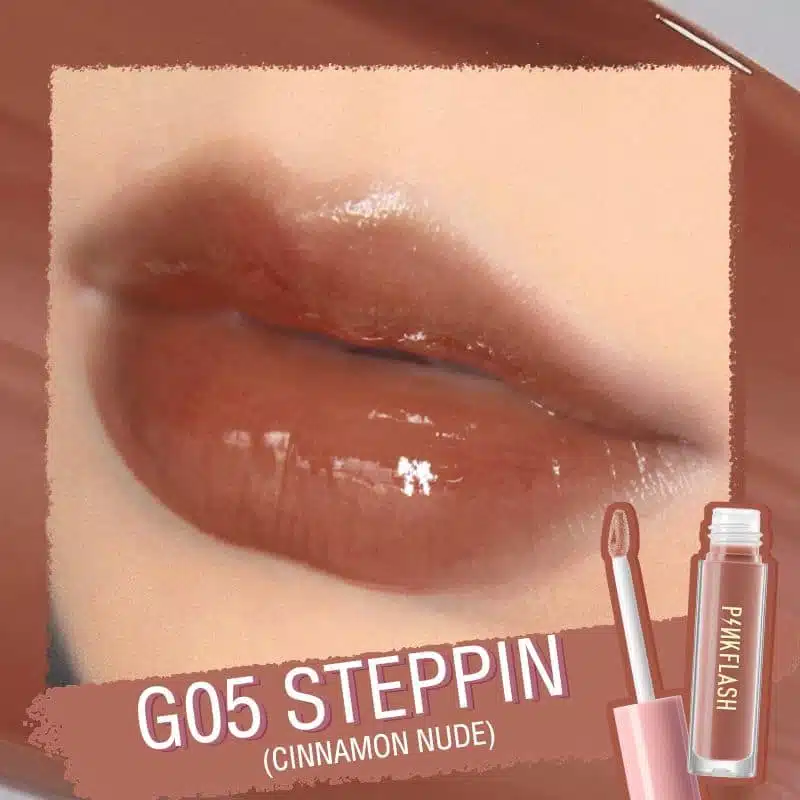 Full Pink Flash Lip Gloss L02-G05 tube, showing its shimmery peachy-pink shade and elegant black cap. - thumbnail