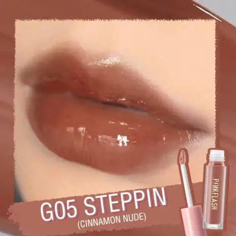 Full Pink Flash Lip Gloss L02-G05 tube, showing its shimmery peachy-pink shade and elegant black cap.