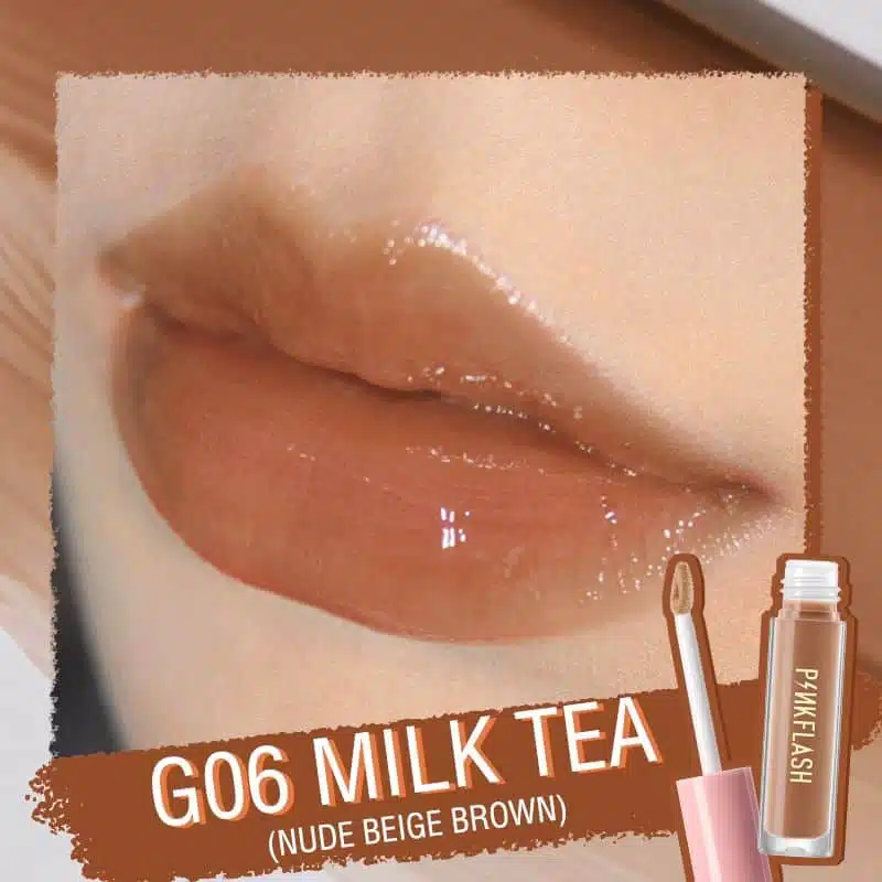 Pink Flash L02 G06 Milk Tea lip gloss tube, clear packaging, shiny rose gold cap. - thumbnail