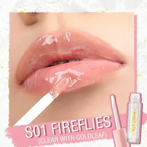 Pink Flash Fireflies lip gloss tube showing shimmering peachy pink shade. L02-S01.