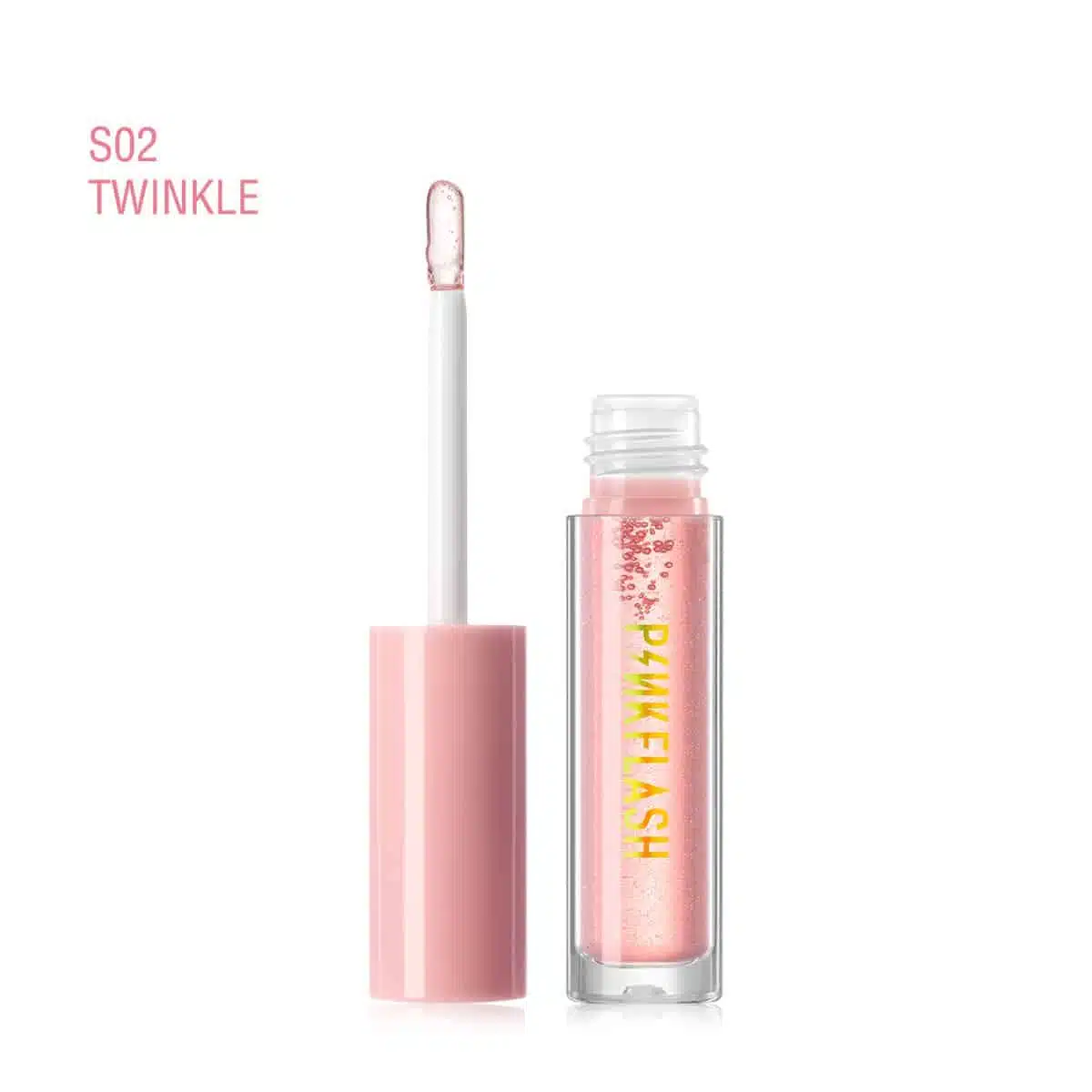 Pink Flash Twinkle lip gloss, shimmery L02-S02 shade in clear tube, rose gold cap. - thumbnail