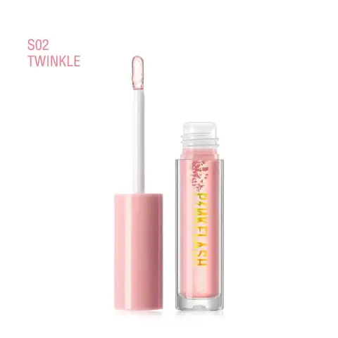 Pink Flash Twinkle lip gloss, shimmery L02-S02 shade in clear tube, rose gold cap.