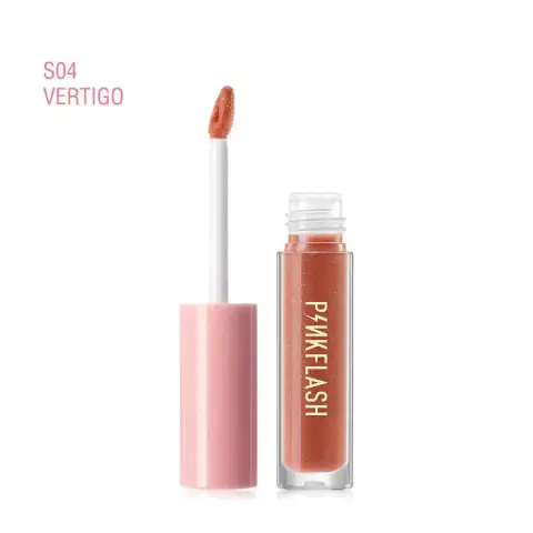 Pink Flash Lip Gloss S04 Vertigo in a clear tube with a black cap, standing upright.