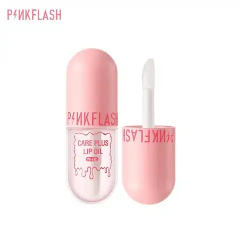 Pink Flash Lip Oil L12 in a clear tube, applicator visible with glossy light pink formula.