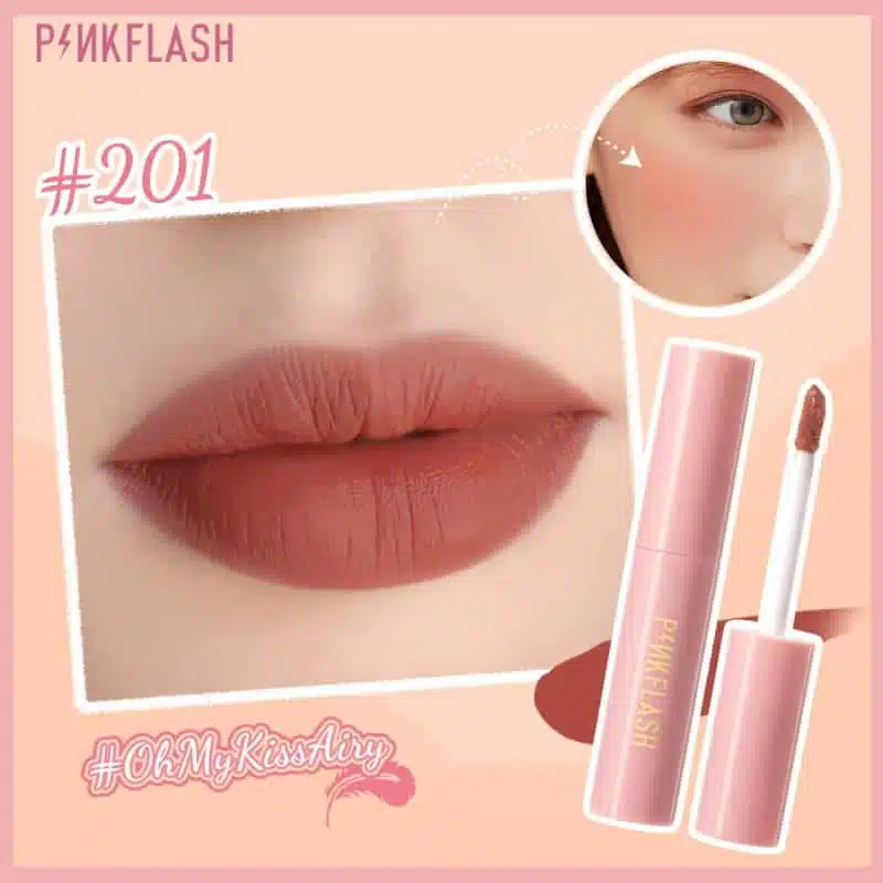Pink Flash LIQUID Duo Matte Lipstick M01-201, featuring liquid and stick ends, standing upright on white. - thumbnail