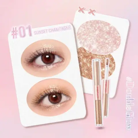 Pink Flash Liquid Eyeshadow E18 in Sunset Champagne, featuring applicator and shimmery liquid.