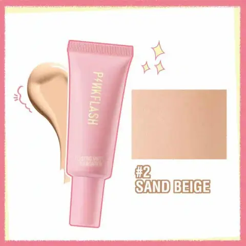 Pink Flash Long Lasting Matte Foundation 02 Sand Beige in clear glass bottle, black cap.
