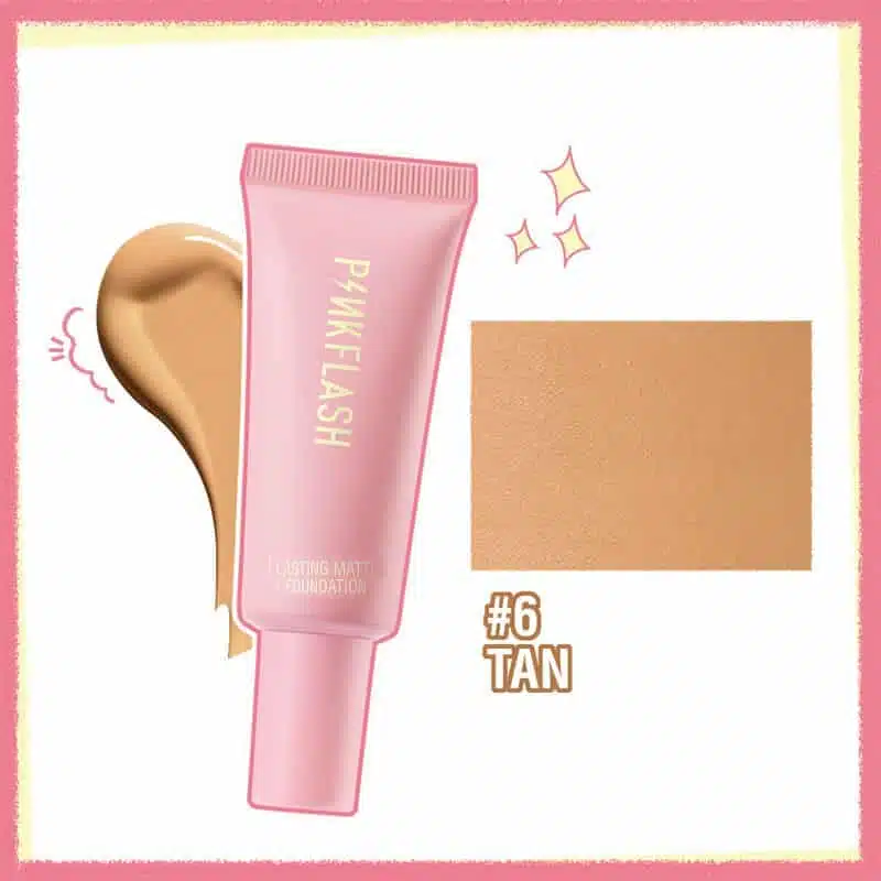 Pink Flash Long Lasting Matte Foundation 06 Tan in a clear glass bottle with black pump. - thumbnail