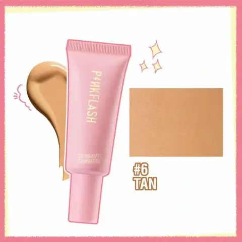 Pink Flash Long Lasting Matte Foundation 06 Tan in a clear glass bottle with black pump.