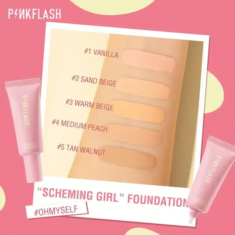 Close-up of Pink Flash Long-lasting Matte Foundation #01 Vanilla bottle's label details. - thumbnail