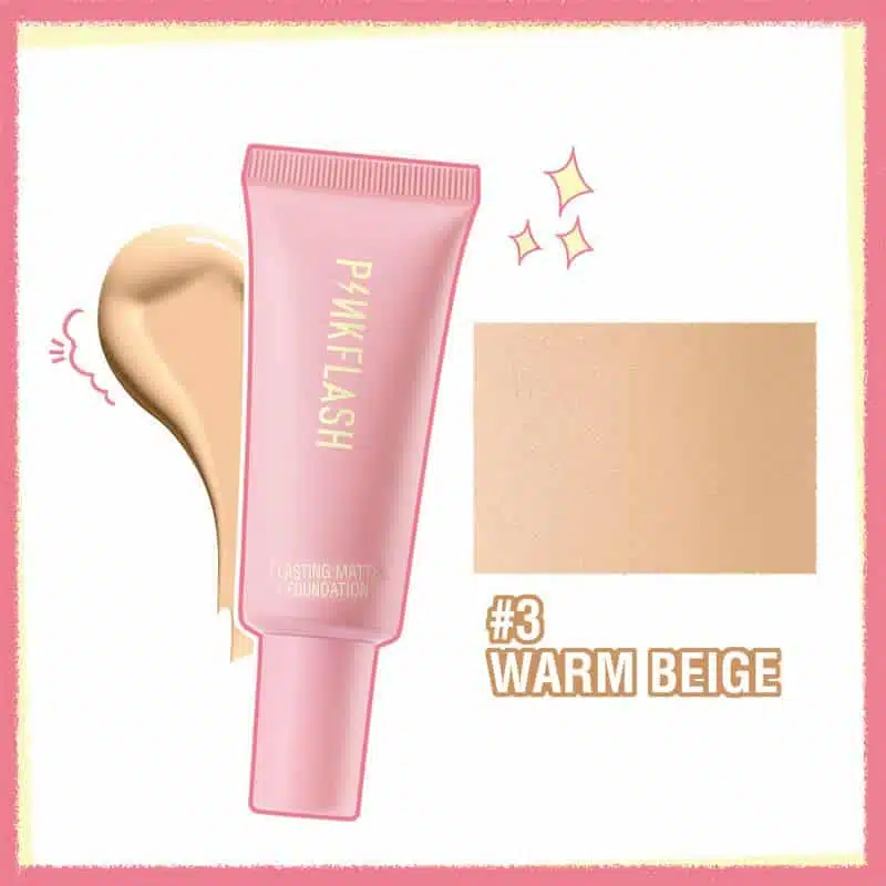 Pink Flash Long Lasting Matte Foundation 03 Warm Beige in clear glass bottle, front view. - thumbnail