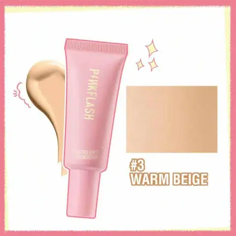 Pink Flash Long Lasting Matte Foundation 03 Warm Beige in clear glass bottle, front view.