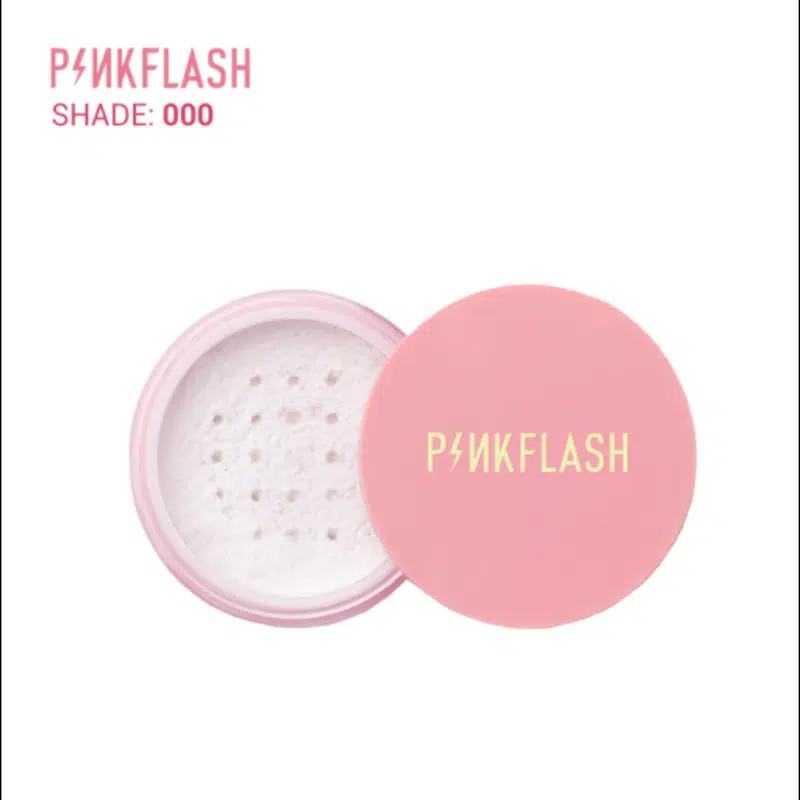Pink Flash Matte Loose powder, clear round container, vibrant pink cap, includes soft white puff. - thumbnail