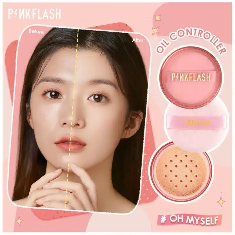 Pink Flash Matte Loose powder open, fine white product through sifter, includes puff. - thumbnail