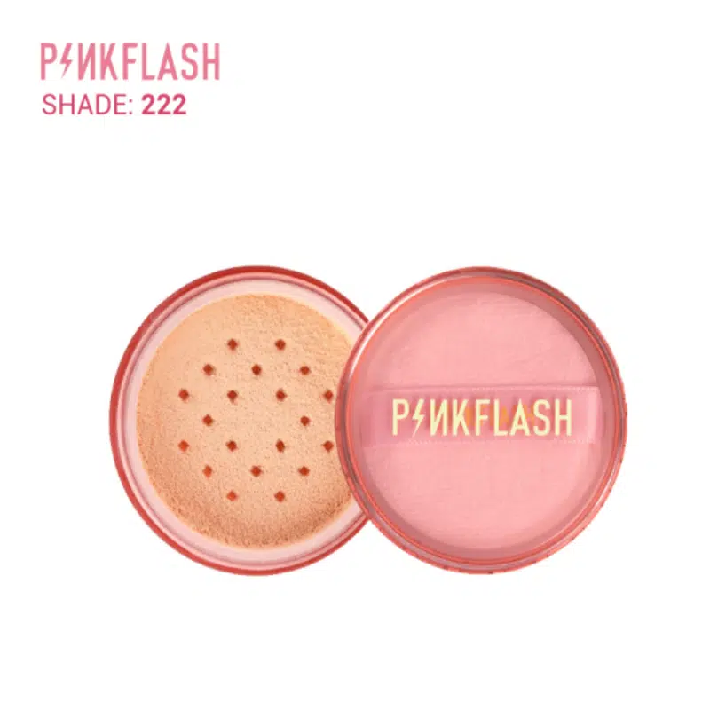 Pink Flash Matte Loose powder compact, transparent container with a pink lid and powder puff.