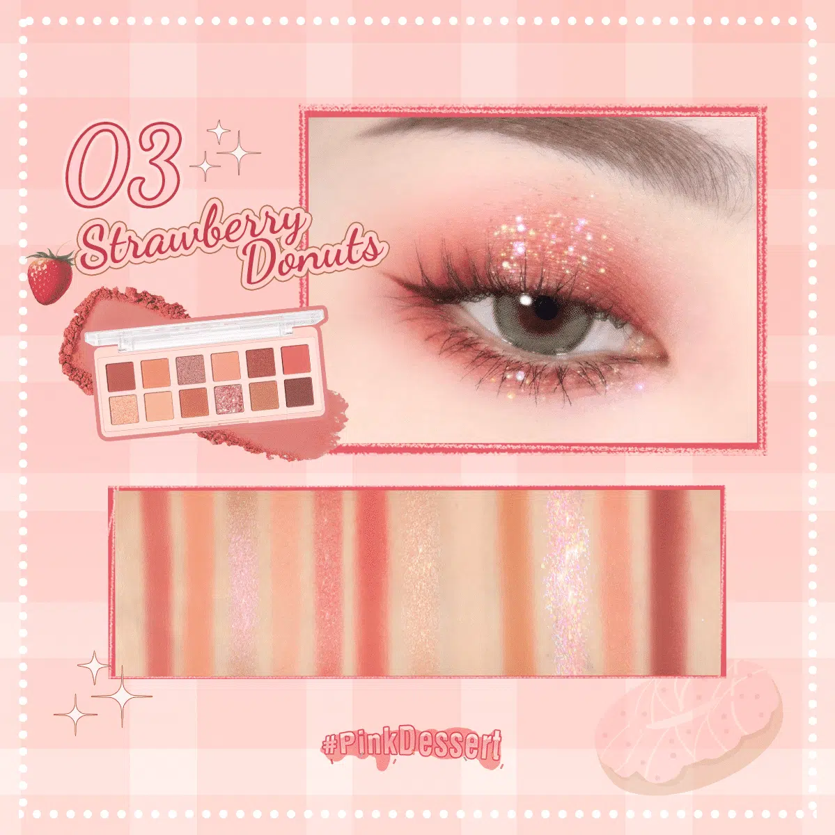Pink Flash Pro Touch Eyeshadow Palette E15, 03 Strawberry Donuts, displaying 9 shimmery and matte shades. - thumbnail