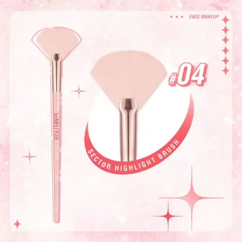 Pink Flash T04 highlight brush, pink handle, dense white scalloped bristles, standing upright.