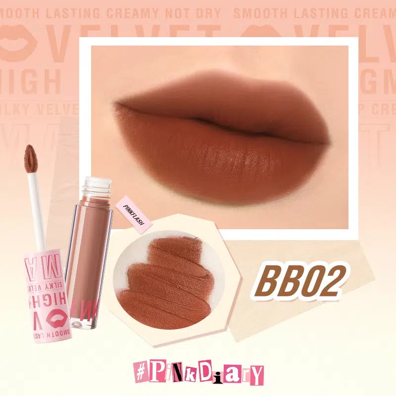 Pink Flash Silky Velvet Lip Cream L04 standing upright with applicator pulled out, showcasing peachy nude shade. - thumbnail