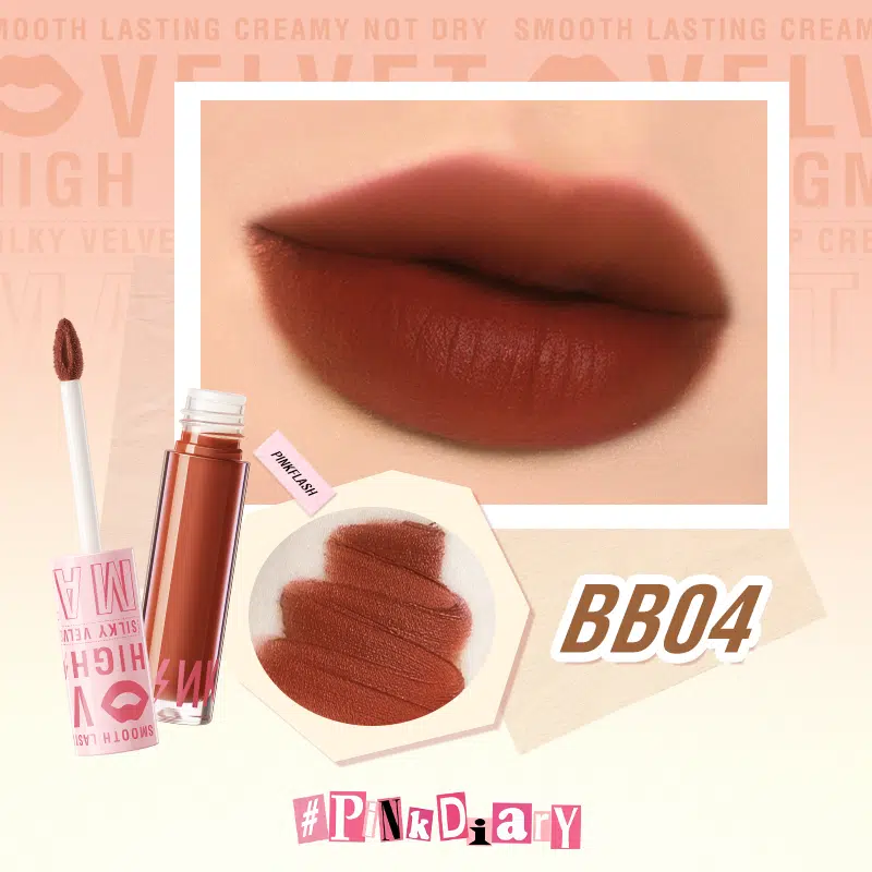 Pink Flash Silky Velvet Lip Cream L04 BB04 in clear tube with applicator revealing creamy texture. - thumbnail