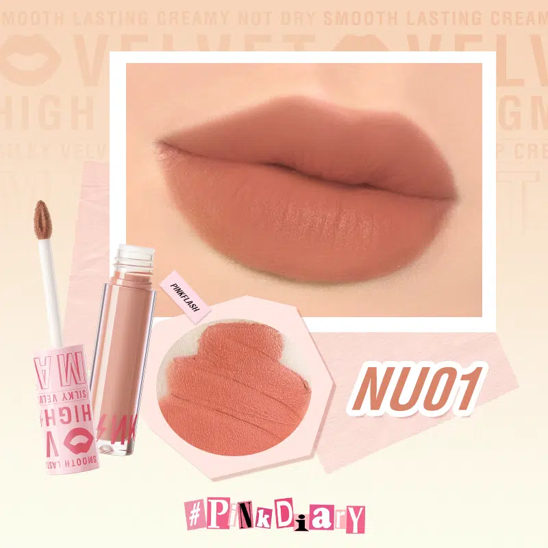 Pink Flash Silky Velvet Lip Cream NU01, full packaging showing nude shade and black cap.