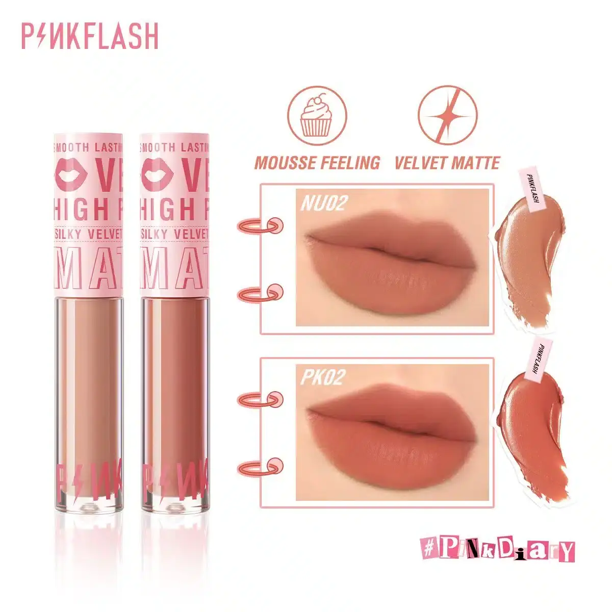 Pink Flash Silky Velvet Lip Cream NU02, applicator wand extended, revealing creamy nude-pink product. - thumbnail