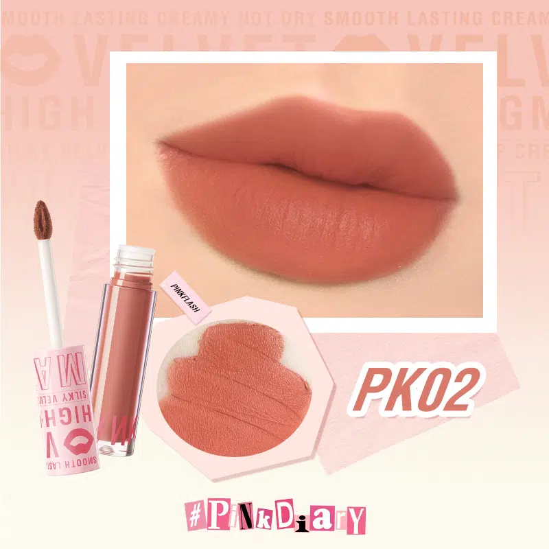 Pink Flash Silky Velvet Lip Cream L04, upright clear tube with metallic rose gold cap.