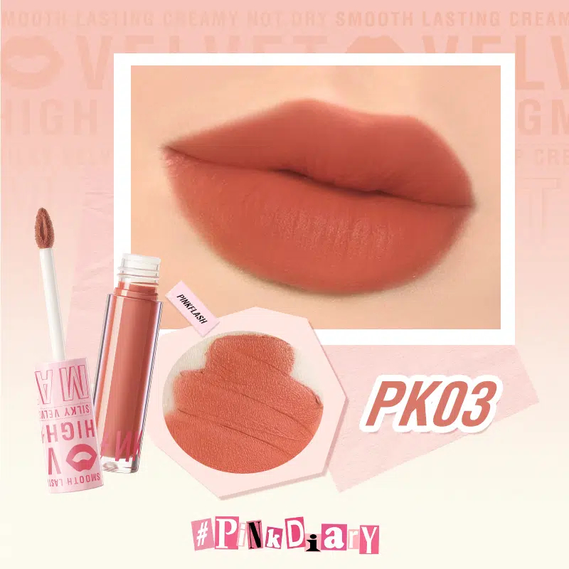 Pink Flash Silky Velvet Lip Cream PK03 in its elegant nude-pink tube, standing upright.