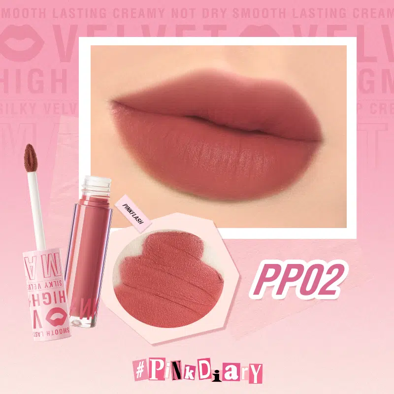 Pink Flash Silky Velvet Lip Cream L04 PP02, elegant clear tube with metallic rose gold cap.