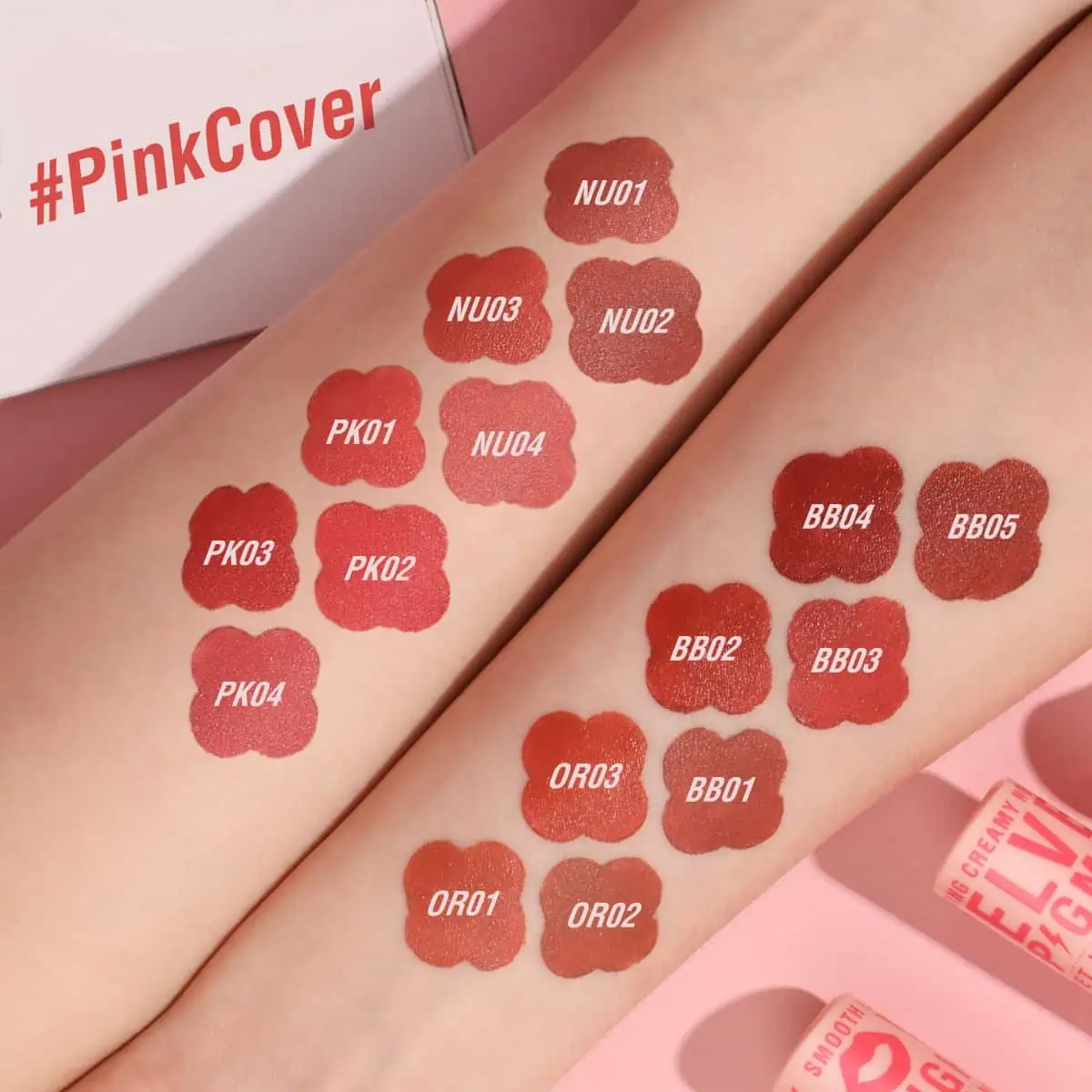 Swatches of Pink Flash L05 Silky Velvet Matte Lipstick on skin, showcasing its rich pink shade. - thumbnail