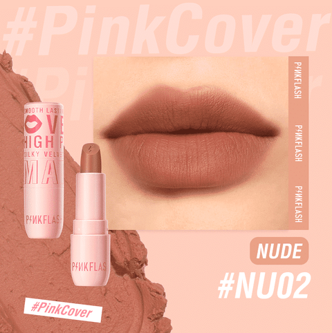 Pink Flash Silky Velvet Matte Lipstick L05 NU02 in elegant black tube packaging, upright.