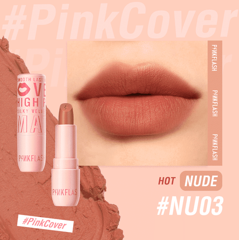 Two Pink Flash Silky Velvet Matte Lipsticks, one open, showing the smooth L05 NU03 shade.