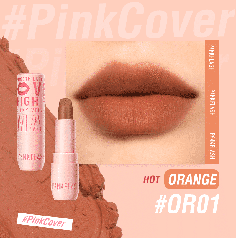 Pink Flash Silky Velvet Matte Lipstick L05 OR01 in its sleek black and pink tube, capped and standing. - thumbnail