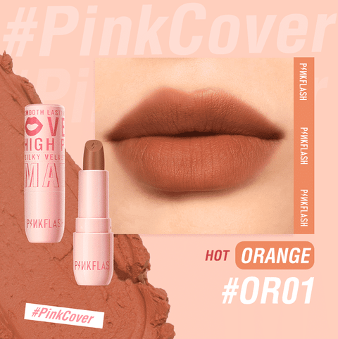 Pink Flash Silky Velvet Matte Lipstick L05 OR01 in its sleek black and pink tube, capped and standing.