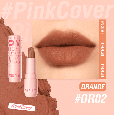Pink Flash Silky Velvet Matte Lipstick OR02, closed black tube with clear cap, standing upright.