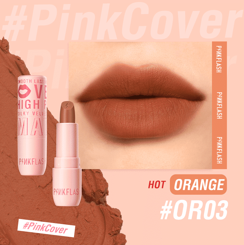 Pink Flash Silky Velvet Matte Lipstick L05-OR03 in elegant black tube packaging, standing upright. - thumbnail