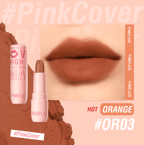 Pink Flash Silky Velvet Matte Lipstick L05-OR03 in elegant black tube packaging, standing upright.