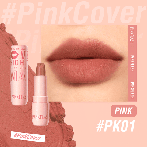 Pink Flash Silky Velvet Matte Lipstick L05-PK01 tube, capped, standing upright, showcasing sleek packaging.