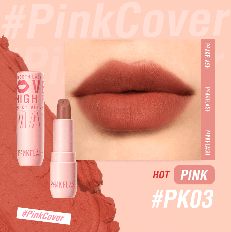 Pink Flash Silky Velvet Matte Lipstick PK03 tube, sleek black packaging, standing upright. - thumbnail