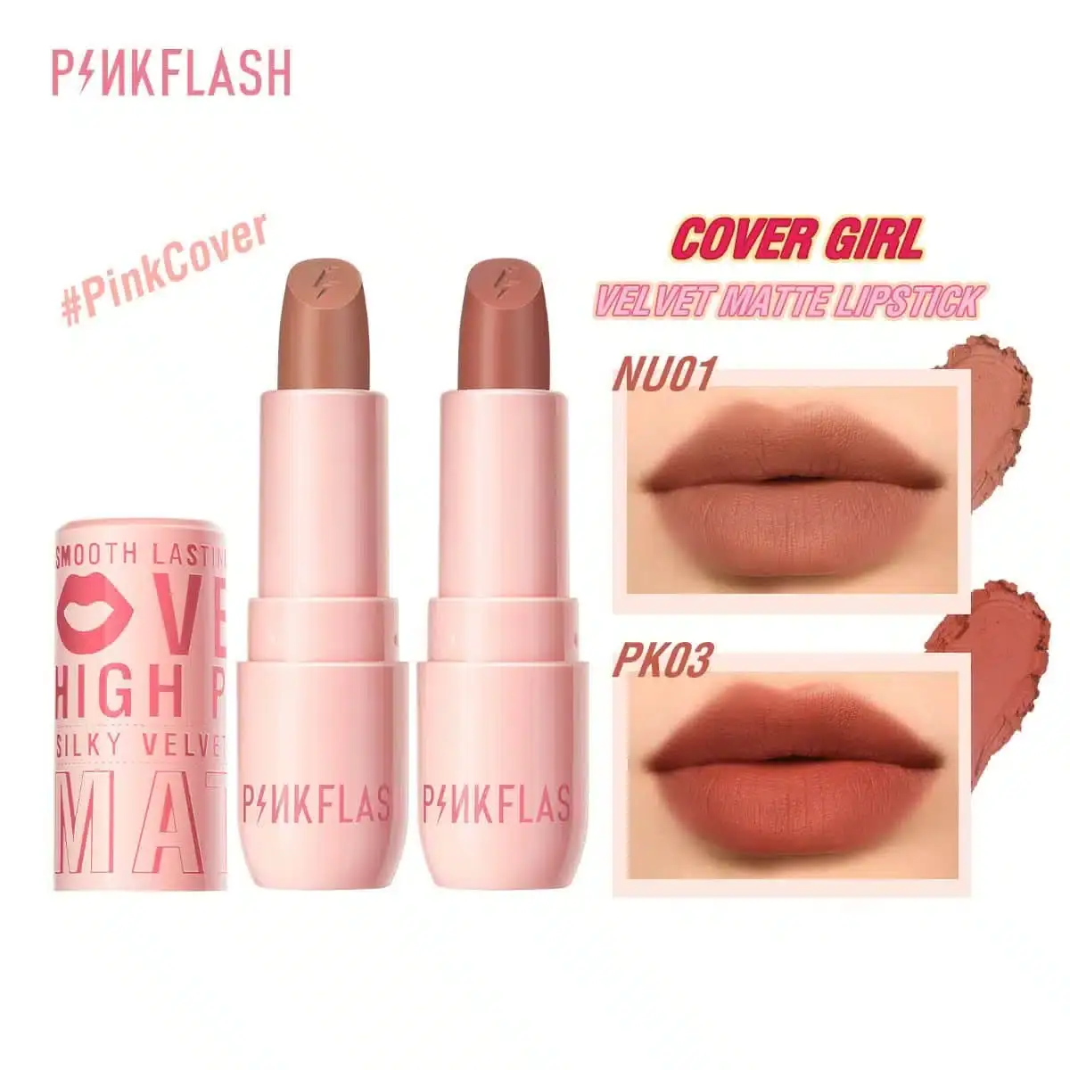 Pink Flash matte lipstick PK03 open, showing its velvety rose pink bullet. - thumbnail