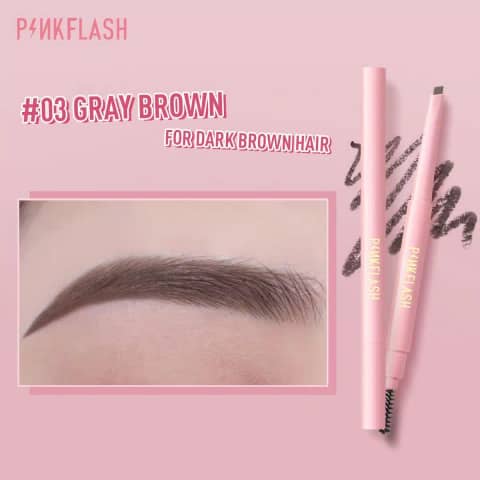 Pink Flash Gray Brown auto eyebrow pencil with an angled tip and visible spoolie brush.