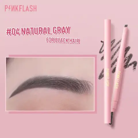 Capped Pink Flash 04 Natural Gray waterproof auto eyebrow pencil, sleek pink barrel on white.