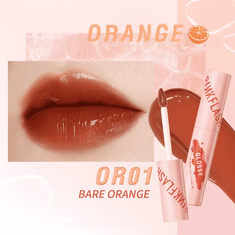 Pink Flash Watery Glam Lip Gloss L09 in Bare Orange, clear tube with silver cap, standing upright. - thumbnail