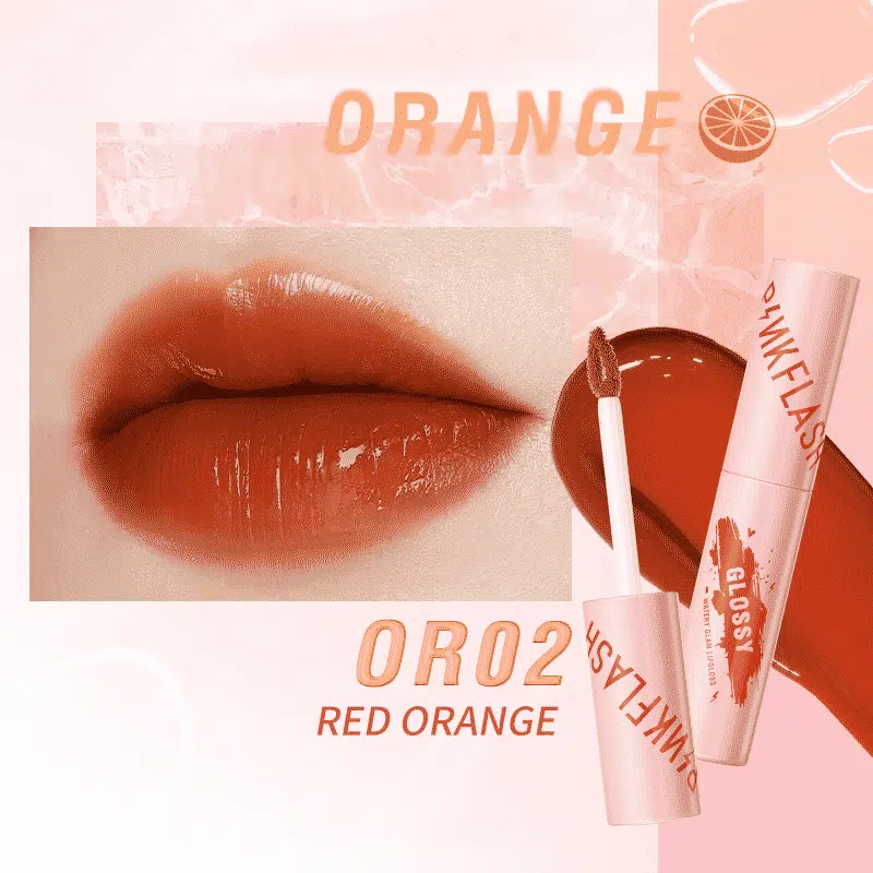 Pink Flash Watery Glam Lip Gloss L09 Or02 Red Orange in clear tube with rose gold cap.